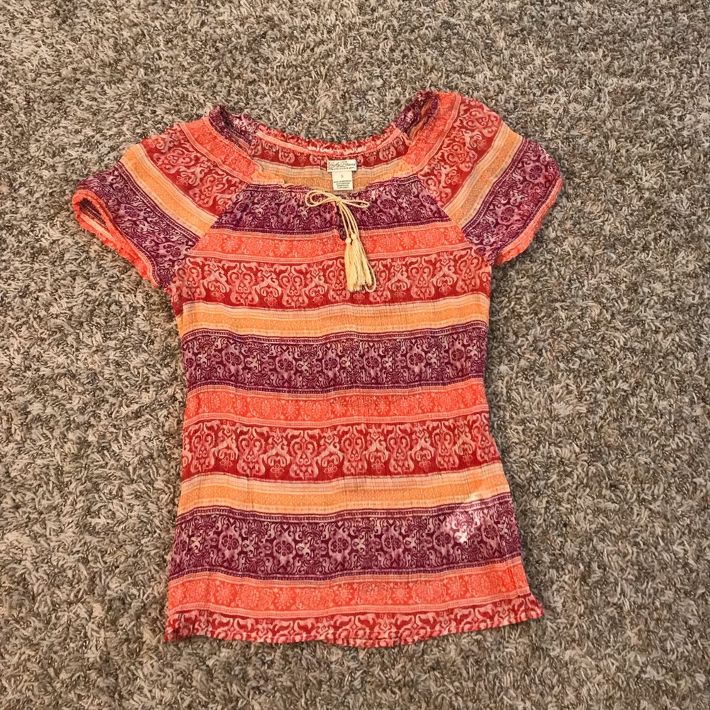 Lucky Brand semi-sheer cinched neckline tie neck blouse